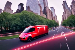 A Tesla 'Semi' (semi truck) is going at a high speed, in 'Central Park' in New York City. (CINEMATIC, WIDE ANGLE LENS, PHOTO REAL)