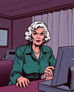 older woman hotel desk clerk from an american comic, 70s horror comic
