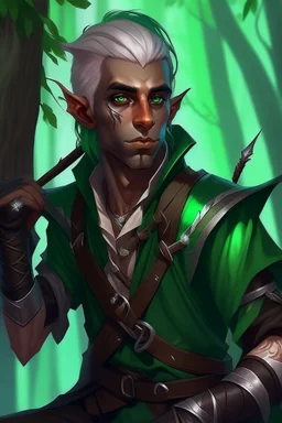 Male elf, rogue assassin, brown skin, bright green eyes, mauve hair, sneaky, trees, stoner, bow and arrows, black leather straps, disheveled, smoking weed