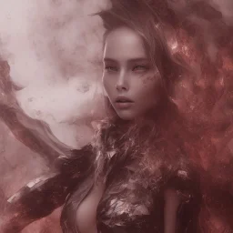 Scarlett Leithold full body covered with water and liquid thick and glue blue and red chrome water on the floor smoke in the air bees flying fog backlit HDR cinematic lighting 4k