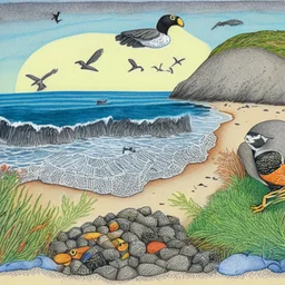 A color drawing of a detailed beach with a turtle and puffin birds