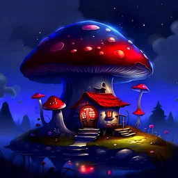 Wonderful spotless mushroom house in space. Floating Island in space. Black, crimson and navy blue colored. fine detail oil painting photo realistic hyper detailed perfect composition trending on artstation.