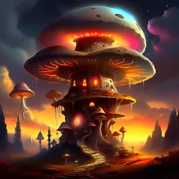 A fantabulous glowing, (((mushroom tower house))) erected atop a (tall geologic pillar), surrounded by uncanny imaginative ((( spiraling skies))), offset by the stark hues of a (nebulous space scape), . captured by the hand a skilled master painter with a focus on (softly textured compositions and voluminous lighting).