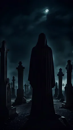 A mysterious eerie tall figure in a black robe, towers over a dark, ominous cemetery at night. Cinematic style.