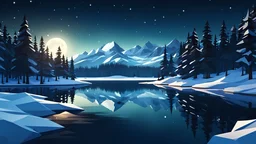 winter night, Boreal Forest,lake, valley,moonlight,low poly,reflections,dramatic scene