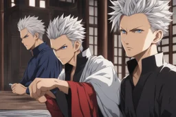 Gojo satoru in 8k dainmak anime drawing style, cinematic mood, close picture, white hair, crystal blue eyes, jujutsu kaisen them, highly detailed, high details, detailed portrait, masterpiece, ultra detailed, ultra quality