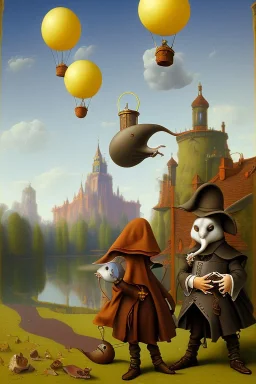 The Plague Doctor and a Mouse happily lost down the river attracted by mutual appreciation of their artistic desires in Balloon world, art by Magritte