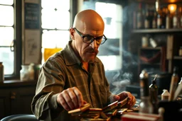 man looking like "Walter White" in breaking bad tv show, bald and goatee glasses, picking up a packets of condoms from a desk in a slum bar, smoke and light from windows