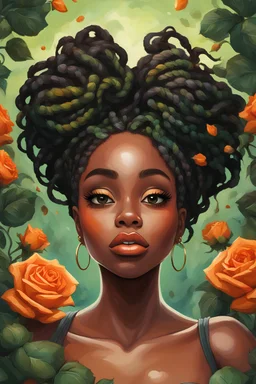 Create a expressive oil painting art cartoon image of a curvy black female looking up with her eyes close. Prominent make up with lush lashes. Highly detailed dread locs in a messy bun. Her hand is touching her face while she embraces the calmness. Background of green and orange roses surrounding her