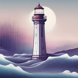 Picture a solitary lighthouse emerging from a sea of soundwaves. The AI challenge is to depict the lighthouse with a blend of futuristic and nostalgic elements, symbolizing the evolution of your music. The soundwaves, with gradients of color, represent different tones and moods in your album.