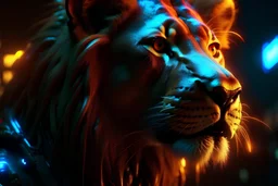 4k full details full lights Portrait lion cyberpunk, incendie en arrière plan