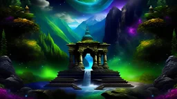 my dreams . podium for meditation , waterfall , day landscape, In the garden my mind bows . meditation . ancient palace built in the jungle , mountains. space color is dark , where you can see the fire and smell the smoke, galaxy, space, cosmos, panorama. Background: An otherworldly planet, bathed in the cold glow of distant stars. Northern Lights dancing above the clouds in amazon. Fantasy gate floating in the universe