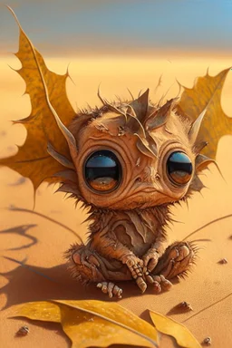 cute faced tiny desert demon sitting on a dried leaf, intricately detailed, photorealistic, oil on canvas, trending on art station, high definition, hdr, cute, beautiful in sunshine