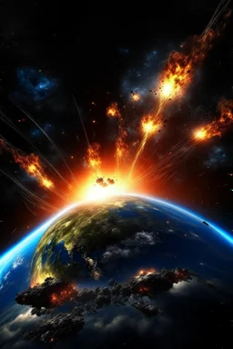 Planet earth with explosions like like fireworks on the surface just like An Armageddon as a Celestial Body! The Celestial Body must be made with the power of stars