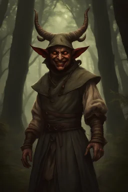 trickster demon, dressed in mediaeval peasant clothing, in a forest, smiling, scary, demon, fantasy world, digital art, portrait, 4k