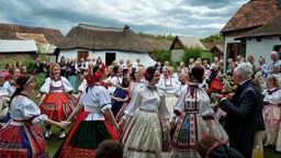 hungarian village wedding, group of women dancing in authentic Hungarian sárköz colorful folk dress with flowers shapes , high realistic, high qulity, detailed, happy, stunning, perfect photo