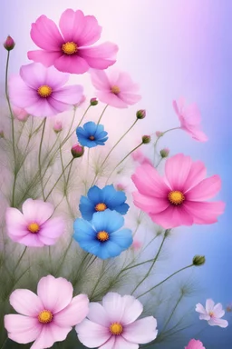 Cosmos flowers in blue and pink to be used on a business card, realistic beautiful