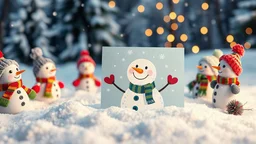 A Christmas card mockup placed on a snowy ground, surrounded by snowmen wearing colorful scarves and mittens. The card design features a playful snowman with a carrot nose and coal eyes, with snowflakes gently falling around it. The background includes frosty trees and twinkling lights, evoking a cheerful winter wonderland.