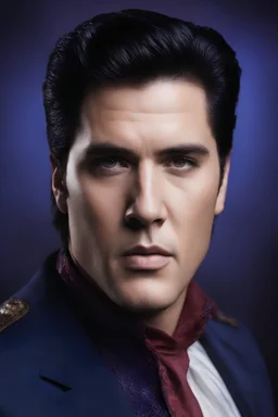 facial portrait - Elvis Hanks - 32k, UHD, 1080p, 8 x 10, glossy professional quality digital photograph - dark blue and dark red, and light maroon and purple and foggy black gradated background, historic, powerful, octane rendering, exquisite detail, 30 - megapixel, 4k, 85 - mm - lens, sharp - focus, intricately - detailed, long exposure time, f8, ISO 100, shutter - speed 1125, diffuse - back - lighting, ((skin details, high detailed skin texture)), (((perfect face))),