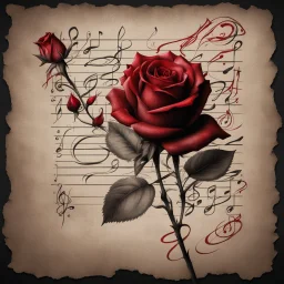 Hyper realistic sketch of a red rose & musical notes on a vintage paper on side with dark background