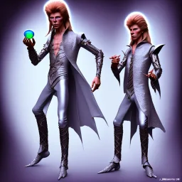 david bowie, mystical light, male model, white owl, Jim Henson's The Labyrinth, Jareth the goblin king, crystal ball in hand, wearing spandex grey leggings with a crotch bulge with fancy clothes