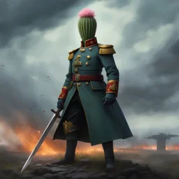 a heroic humanoid cactus wearing a blue prussian uniform, standing on a battlefield, wielding a sword,