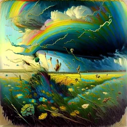 collaboration between Salvador Dali, Vincent Van Gogh, and Jean Baptiste Monge. Swirling rainbow storm clouds over a vast field of long grass and plentiful flowers swaying in the winds.