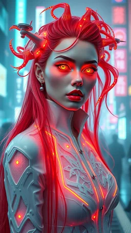 surrealist translucent neon model, long fractals red hair, neon orange eyes, haute couture, white, intricate details, futuristic outfit, extraordinary makeup, red lips, gorgeous, weird, serious, 4k, in the tokyo cyber punk city, fog, neon lights and futuristic drones, mystic