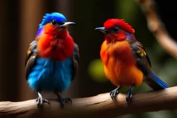 two small fluffy birds sitting on a branch. Birds have rounded bodies, and one of them is slightly larger than the other. Their feathers have a gradient of bright colors, including shades of red, blue, orange and a little white. Both birds have bulging eyes with a black rim and white sparkling dots reflecting light. A larger bird has a bunch of feathers on its head, while a smaller bird has a smoother head contour