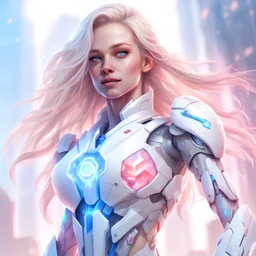 A beautiful blond cyborg smiling girl with long hair, white and pink and blue crystalline clothes, luminous, high detail, realistic photo, digital painting, cinematic, stunning, hyper-realistic, sharp focus, high resolution 8k, insanely detailed, rossdraws style