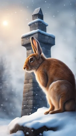 hare in the snow on holding a tower fortification, magazine cover illustration with oil paint and spray paint, signed, bokeh like, down-light, unreal engine, prize winning