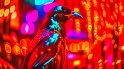 Capture a festive and whimsical image of a crow dressed in a motorcycle leather coat, surrounded by the warm glow of Christmas lights. Employ a photography style that seamlessly blends punk aesthetics with the joyous spirit of Christmas. Include a portrait shot of the crow to highlight its unique attire and personality. Ensure the composition reflects the edgy yet festive fusion, creating a visually captivating and Christmas-like scene.