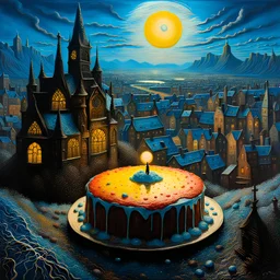 detailed creepy landscape made of cake-frosting, figure, city, sun, Amano , Roger Dean, strong texture, Ernst Haekel, extreme detail, intricate, colours, Max Ernst, Sam Raimi, rich moody colors, sparkles, blue eyes, octane render, 55mm photography, gothic, by john atkinson grimshaw and george inness, acrylic art, artstation hd