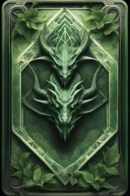 sacred geometry framed playing card, green leaves dragon boss card in the style of Giger and fallout 4 ,,bokeh like f/0.8, tilt-shift lens 8k, high detail, smooth render, down-light, unreal engine