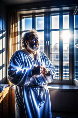 full figure shot photography of burly chubby turkish man 55 years old, at the windows in opened unfastened bathrobe , bulge, hands behind the head, emotive eyes, long beard, manly chest, curly hair, sharp focus, backlit, harsh overhead sunlight, ambient occlusion , photorealistic , frontal view