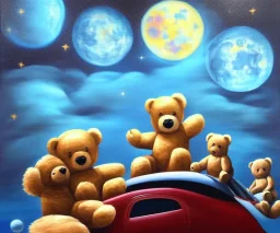 little boy and big teddy bears on moon. drifting in old bmw. oil on canvas