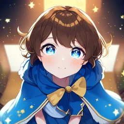 Clear focus, High resolution, A anime kid, cute, rough line skecth, star around kid, sparkling eyes, medium fluffy brown hair, blue sparkling eyes, 1girl (solo), wearing a blue snow cloak and a white shirt, yellow stars on skirt, blue skirt, star in hair yellow, (((praying)))