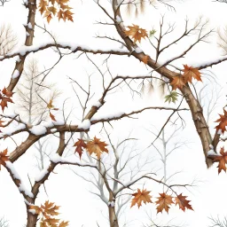 detailed Real Tree Camouflage made of sticks, twigs, tree bark, dried maple leaves, green pine branches, snow and dirt, white background, seamless repeatable texture pattern imitating a natural forest background, add details