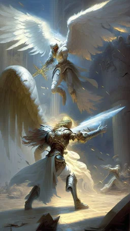 angel reaching a paladin, battlefield in the background