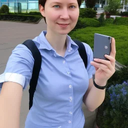 A short haired, female computer engineer taking a selfie in front of Building 92 at Microsoft