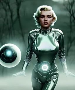 Ultra Realistic retro sci-fi 1960 scene, waist up view portrait, blonde woman, sweet young Marilyn Monroe face, perfect iris, tight latex coat, alien planet background, tight style, steel sphere dron levitating, fog, rain, soft color, highly detailed, unreal engine 5, ray tracing, RTX, lumen lighting, ultra detail, volumetric lighting, 3d, finely drawn, high definition, high resolution.