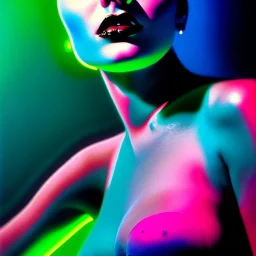 portrait oil on canvas, beautiful punk busty female Cyborg, looking to viewer, sad green eyes, post-apocalyptic in a cyberpunk city,minimal skintight latex dress, blade runner movie poster art,gradient color, BLUE, PINK, CYAN, neon, insanely detailed,realistic,intrincate detail, 16k resolution, masterpiece, Adam hughes