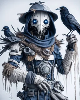 terrifingly cute cyberpunk scarecrow holding a crow, in the style of Android Jones, photography, head to toe, full body shot, white, navy blue grey, very detailed, very clear photo, 3D,