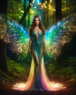 Front view night photoshoot Gorgeous Photography Ultra Realistic Natural Skin Beauty, Beautiful Fairy woman straddle wings with gown shiny brown flowing hair, glitter colorful fairy wings, lovely glowing green eyes, surrounded by magical colorful forest and flickering lights, digital photography, kaleidoscope, vibrant colors, vivid colors, colorful,glowing in the darkness midnight magic lights wonderfull wonderland forest ,full sparkling light, close-up portrait