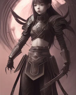 Detailed anime baby girl, dark brown hair, black and red dragon scale armour, intricate details, full body portrait, keep head in frame, slight smile, black Japanese motif, concept art, highly detailed, digital painting, concept art, sharp focus, illustration, art by Yoji Shinkawa, WLOP and greg rutkowski and alphonse mucha and artgerm and yanjun Chen and Junji ito and Makoto Shinkai, HDR, octane render