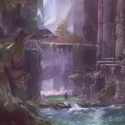 forest river, ruins, concept art watercolor