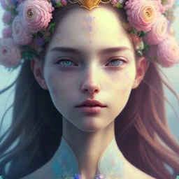  full Closeup face portrait of a girl wearing crown of flowers, smooth soft skin, big dreamy eyes, beautiful intricate colored hair, symmetrical, anime wide eyes, soft lighting, detailed face, by makoto shinkai, stanley artgerm lau, wlop, rossdraws, concept art, digital painting, looking into camera