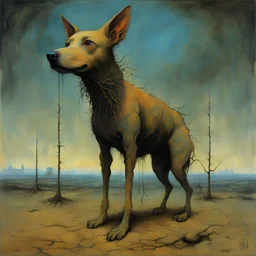 Eccentric dog with sections missing and limbs underdeveloped, surreal, by Zdzislaw Beksinski. by Francis Bacon, matte oil painting, long brush strokes, weird, sinister, nightmarish