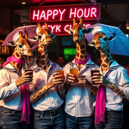 very Gay Giraffes sailors with white shirts and berrets and tight jeans standing in a bar drinking drinks with umbrellas, pride, makeup, smoking ciggarets, smiling, sparkling eyes, very happy, after dark, pink scarf, happy hour drinks sign, necking, happy cock hour