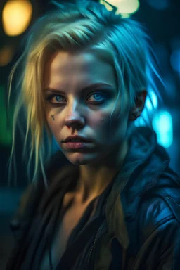 hyper real oil painting of blonde sami cyberpunk Malkavian vampire portrait with clear blue-green eyes in spotlight feeling in control in goth ruins, zeiss prime lens, bokeh like f/0.8, tilt-shift lens 8k, high detail, smooth render, down-light, unreal engine, prize winning